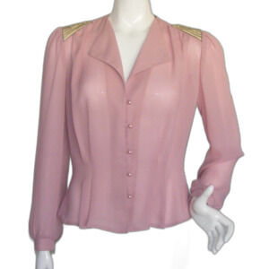 Vintage Blouse, M, Pink, Sequin statement Shoulders, Long sleeve, button front